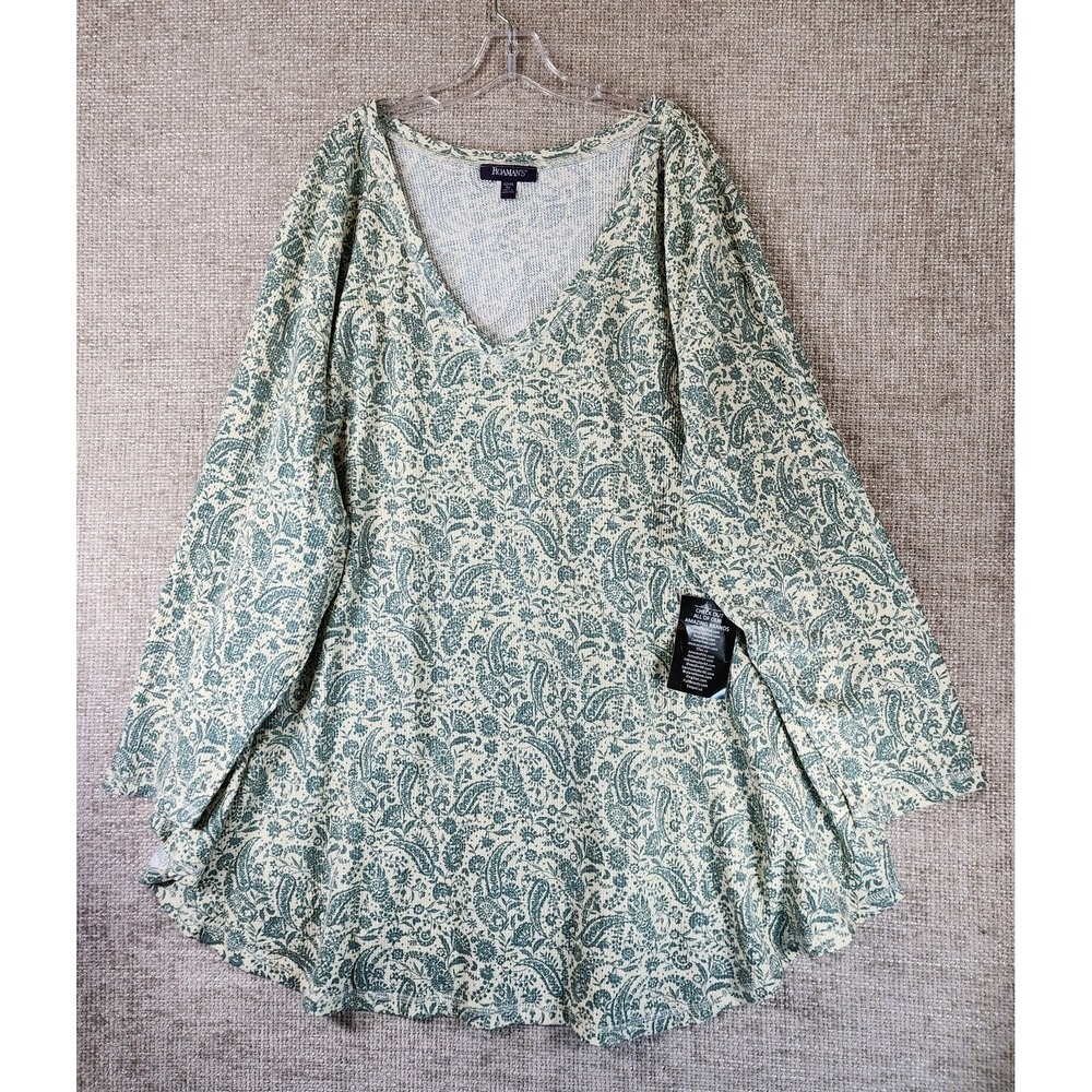 Roaman's Floral Waffle Knit Top Womens 6X Ivory Green V-Neck Relaxed Casual NWT